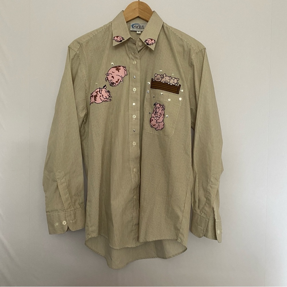 Las Olas Pigs Piggies Patches Button Down Shirt Women Small Tan Stripes‎